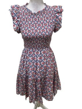 Caballero Smocked top Mini flutter sleeve Dress pink & Blue Floral silk medium